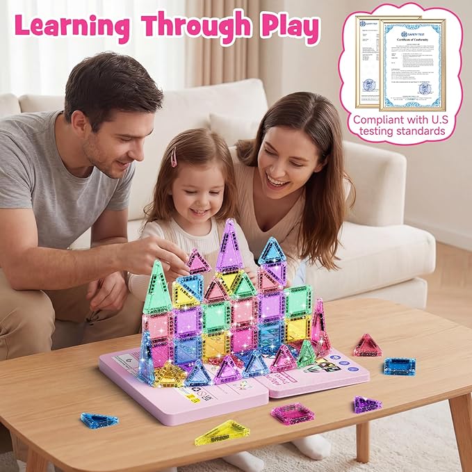 42-Piece Glitter Magnetic Tiles Travel Set with Pink Metal Box - Portable STEM Building Blocks for Kids Ages 3-8 Boys & Girls STEM Montessori Educational Toys for Airplane Car Rides