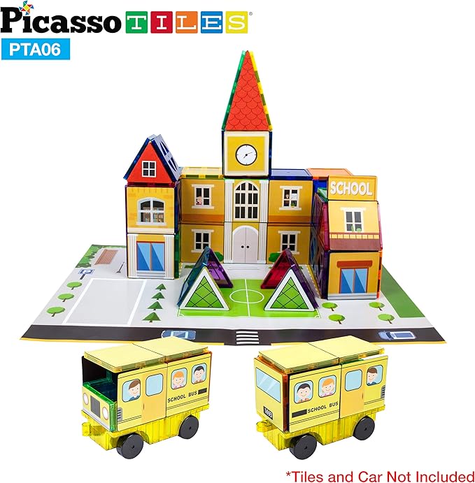 PicassoTiles 80pc School, Hospital, Police Station 3-in-1 Theme Magnet Self Adhesive Backing Stick-On Puzzle Graphic Kit and Overlay Maps for Magnetic Building Blocks STEM Learning Construction Toy