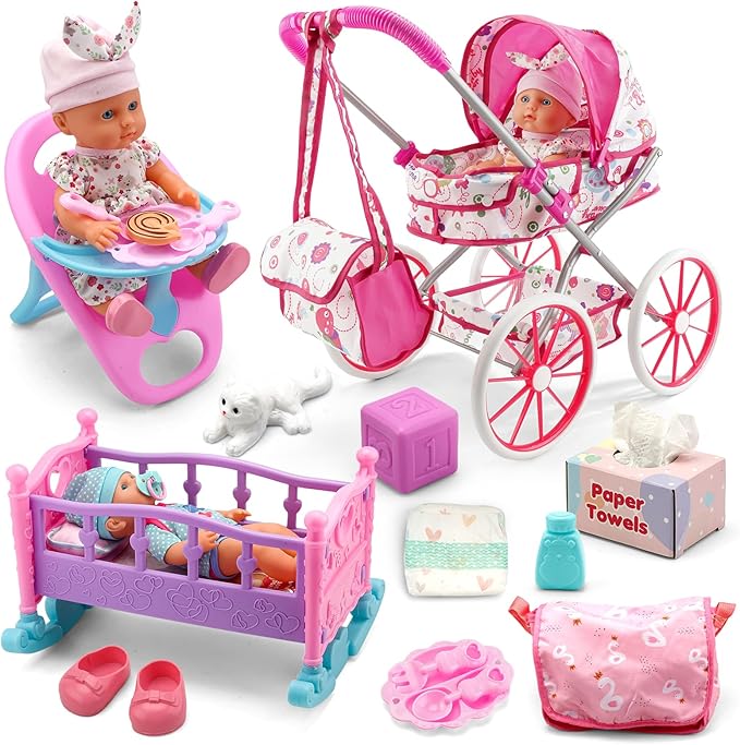 Baby Doll Stroller Toys Set W/ 13'' Baby Doll, Doll's Bed, Dining Chair, 26 PCS Doll Accessories & 2 Set Clothes, Baby Stroller Toys for 3 4 5 Year Old Girl Birthday Gift, Pretend Playset for Toddler