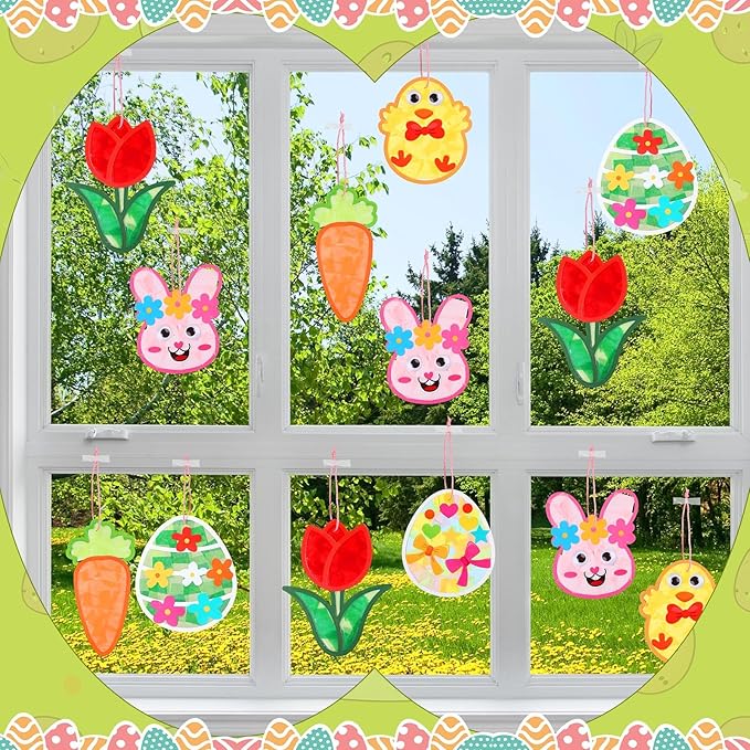 24 Pack Easter Suncatcher Craft Kit Easter Window Art Kit Bunny Carrot Egg Crafts Window DIY Tissue Paper Suncatcher Decoration Ornament for Classroom Art Party Favor Supplies