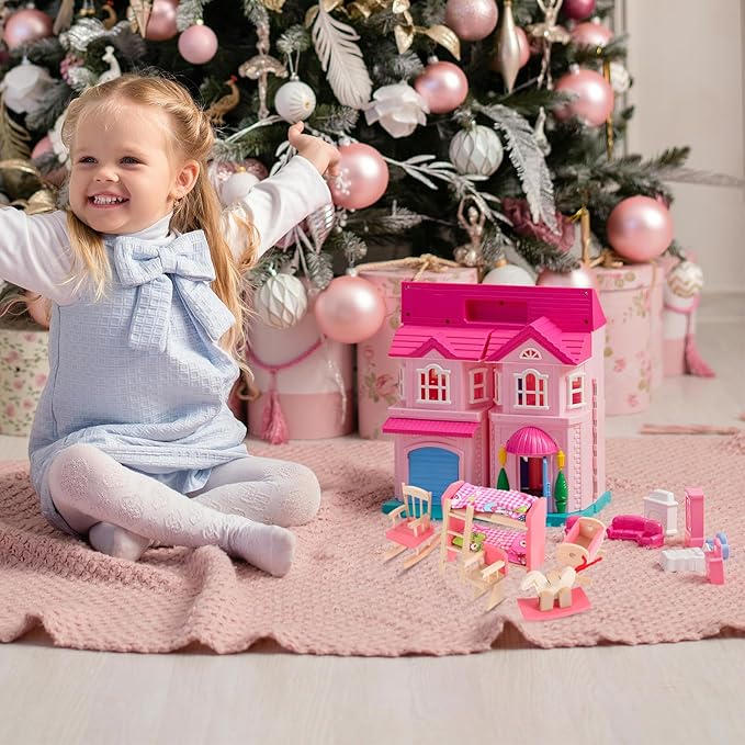 Wooden Dollhouse Bedroom Furniture: Doll Bunk Bed Rocking Horse Chair, DIY 1:12 Scale Miniature Doll House Decoration Accessories for Ages 3+ Role-Playing