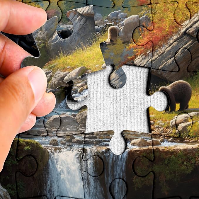 Autumn Waterfall Landscape Puzzles for Adults 1000 Pieces, Nature Forest Mountain Scenic Jigsaw Puzzle, Challenging Fall Plant Tree River Bear Puzzle