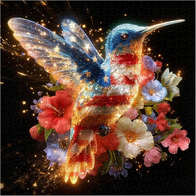 American Flag Hummingbird Puzzles for Adults 1000 Pieces, USA Patriotic Bird Jigsaw Puzzles, United States Freedom Floral Animal Puzzle