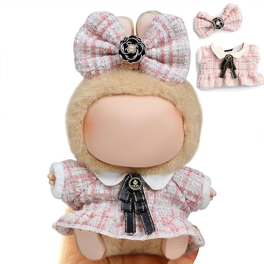 17cm Doll Clothes for Labubu - Luxury Chic Style Set for 17cm Dolls Outfit - Accessories for Dolls Clothes -Pink Plaid Tweed Dress + Black Necktie + Pink Bow (No Doll)