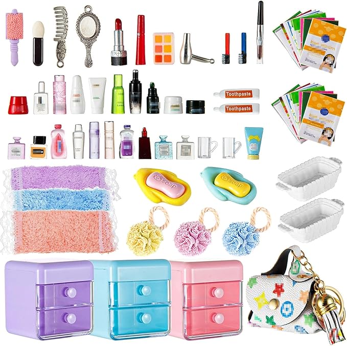 72Pcs Dollhouse Mini Jewelry Storage Case Handbag Towel Cosmetic Set Bathroom Acessories Toothbrush Shampoo Perfume Hair Dryer Comb Purse Decor DIY Doll Backpack Girl Micro Scene