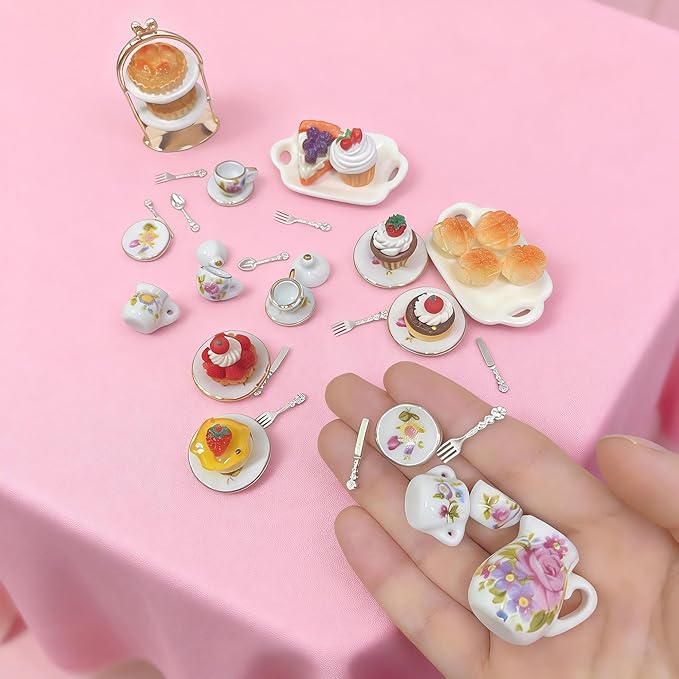 1:12 Miniature Dollhouse Porcelain Tea Cup Set 42 pcs, Kitchen Accessories Including Teapot Cup Plates, Knifes and Forks, Cakes and Desserts and a Cake Stand