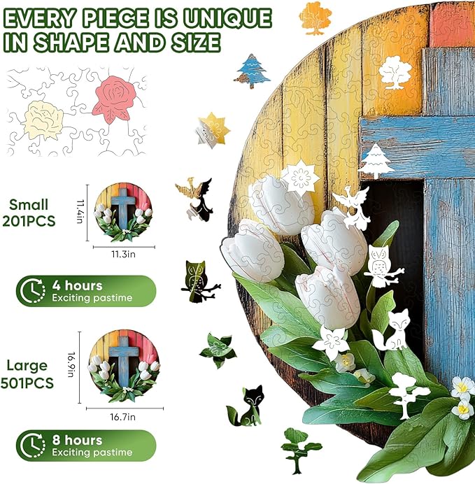 Pikoqunc Wooden Puzzles for Adults,201 Pieces 11.4x11.3 Inches,Tulip Cross Laser-Cut Jigsaw with Premium Smooth Wood Texture,Relaxing Art Puzzle Gift for Friends and Family in Exquisite Box