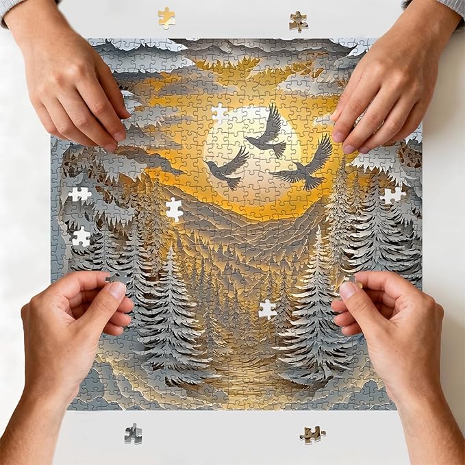 Puzzle for Adults 1024 Pieces, 3D Paper-Cut Winter Forest Sunset Jigsaw Puzzle, Challening Impossible Difficult Hard Fun 1000 Pieces Jigsaw Puzzles for Adults