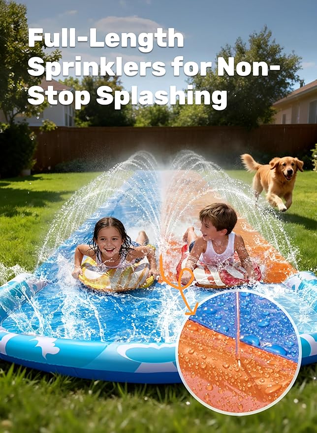 JOYIN 32.5FT Water Slide and 2 Inflatable Boards, Extra Long Double Lawn Heavy Duty Splash Mat Pad with Sprinkler for Kids Adults Backyard Summer Water Toy Outdoor Fun, Blue, Orange