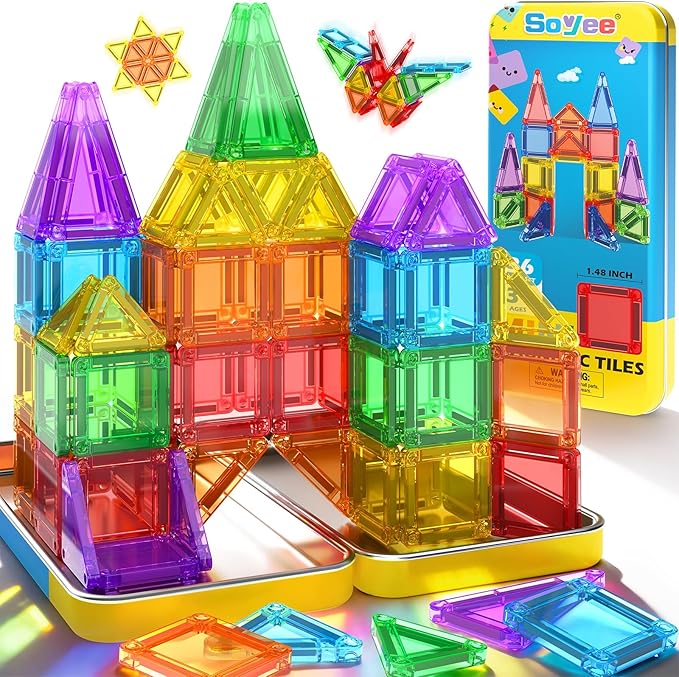 Soyee Mini Magnetic Tiles Travel Toddler Toys with Metal Tin Portable STEM Building Kids Toys for 3 4 5 6 7 8+ Years Old Boys & Girls & Birthday Gifts