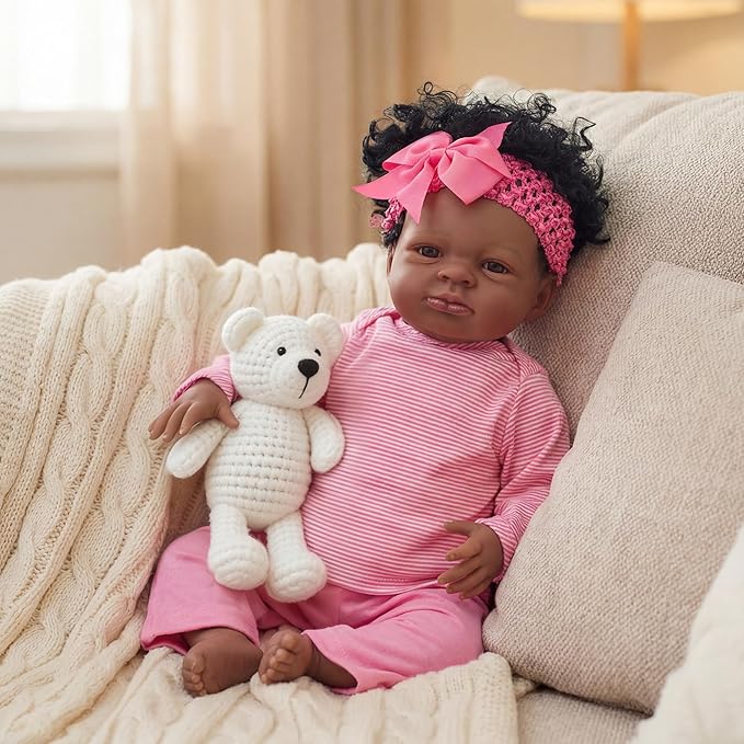 FOCKOF Realistic Reborn Baby Dolls-18 Inch Black Realistic Baby Doll Girls Soft Cloth Body Reborn Baby with Gift Box for Kids Age 3+