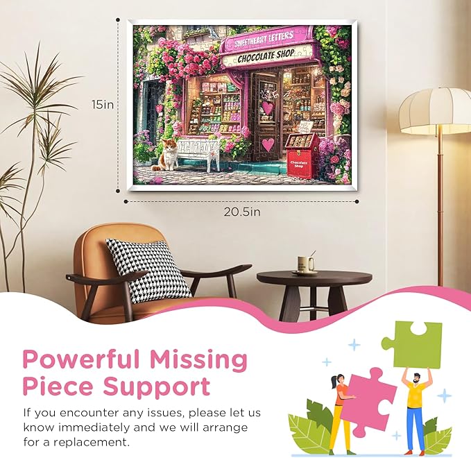 Jigsaw Puzzles 300 Pieces for Adults,Chocolate Shop 300 Piece Puzzles,Cat Puzzle for Kids Adult Senior,Pink Flowers Challenging Puzzles Family Activity Great Gift Home Decor 20.5x15 in