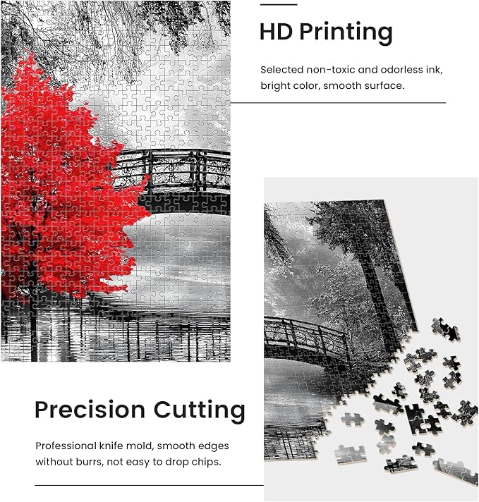 najiaxiaowu Adult Puzzle Classic Jigsaw Puzzle 1000 Pieces Wooden Puzzle DIY Black and White Bridge and Red Tree Modern Home Decor Intellectual Game Wall Art Unique Gift 75x50cm