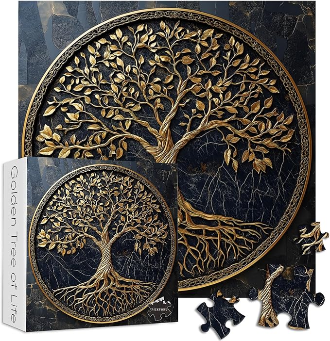 Tree of Life Jigsaw Puzzles 1000 Pieces for Adults, PICKFORU Gradient Tree Puzzle Black Gold, Challenging Spring Nature Plant Theme as Wall Decor