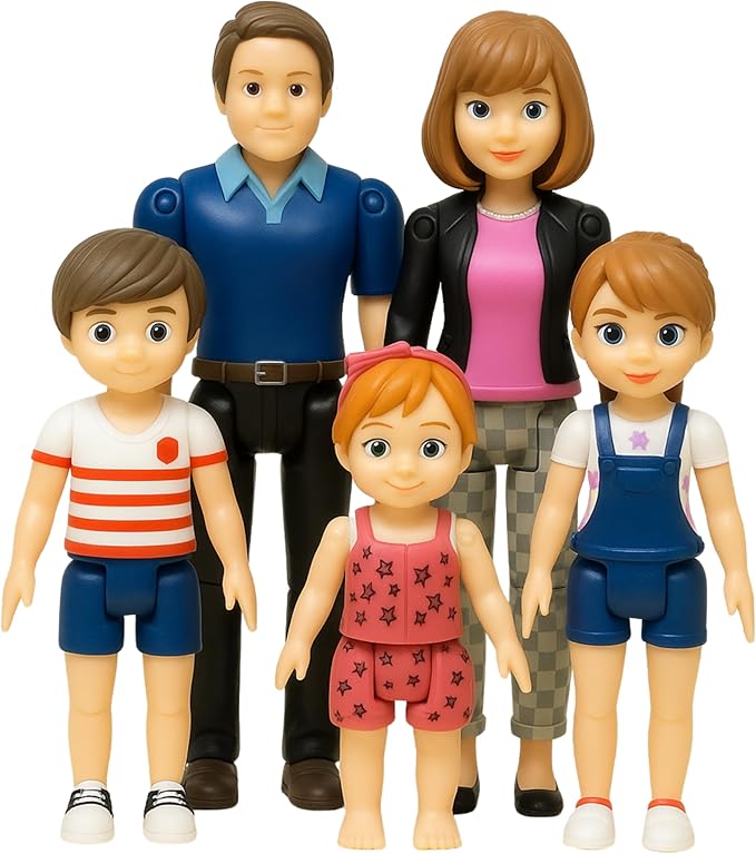 Family Dollhouse People - Bendable Doll House People Figures - 5 Poseable Action Figures Incl. Mom, Dad, Sister, Brother, & Toddler - Small Dolls for Doll-house Designed to Fit Standard Dollhouses