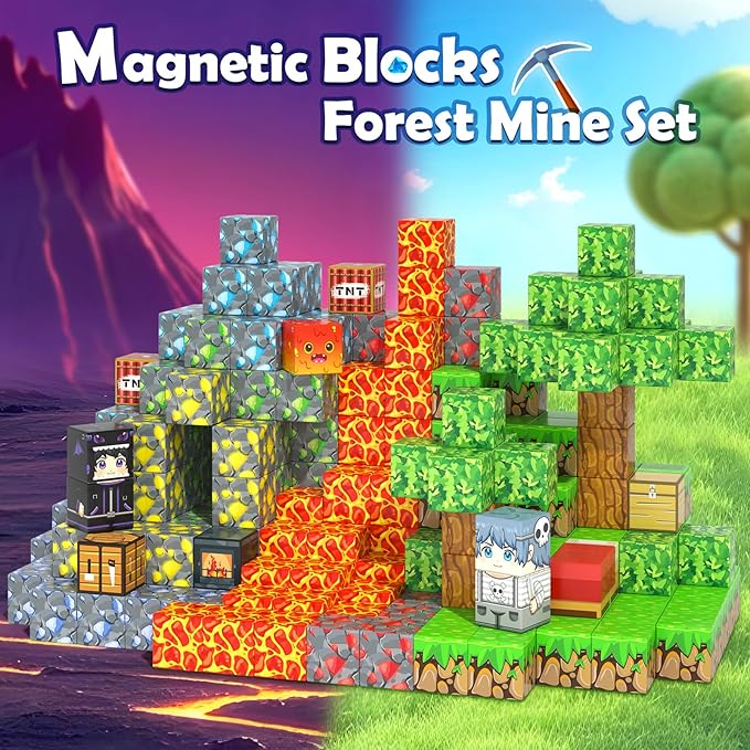 Soyee Magnetic Blocks - Build Mine Magnet World Forest Mine Set Magnet Building Blocks Kids Toys for 3+ Year Old Boys & Girls 1'' Magnetic Cubes STEM Sensory Building Toys Kids Game Xmas Gifts