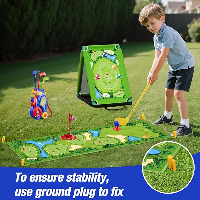 3 in 1 Toddler Golf Set with Putting Mat & Sticky/Golf Game, Kids Golf Club with 8 Balls, 4 Plastic Clubs, Scoreboard, Indoor Outdoor Sport Toys with Golf Cart Gift for Boys Girls Aged 2-5, Blue