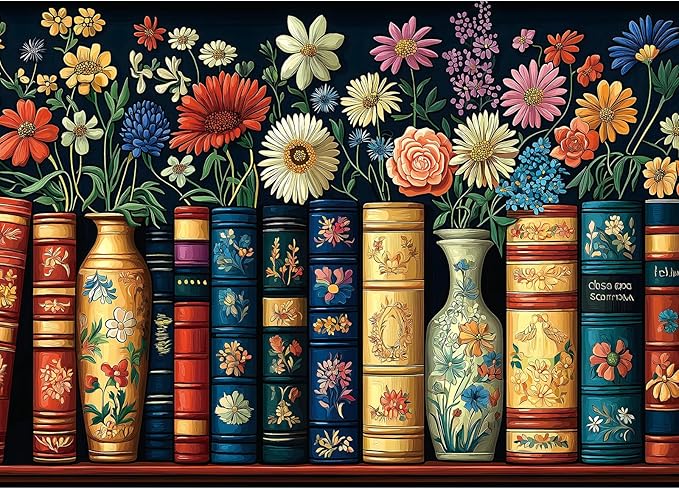 MINIWAN Wildflowers Books 1000 Piece Jigsaw Puzzle for Adults, Vintage Flower Book Puzzle, Floral Art Bookshelf Library Puzzles, Challenging Hard Difficult Puzzles for Adults 27.5x19.7 Inches