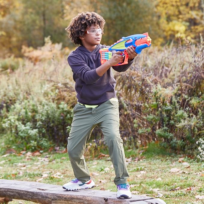 NERF DinoSquad Terrodak, 4 Blasting, Storage, 12 Elite Dart Foam Blasters, Dinosaur Toys for Kids Outdoor Games