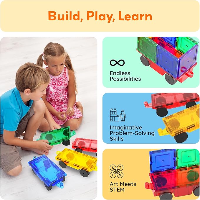 PicassoTiles 4PC Magnetic Tiles Car Truck Base Construction Building Accessory Toy Yellow, Red, Green & Blue Compatible with Magnet Tile Sets Educational STEM Learning Build Kits Boys & Girls PT201