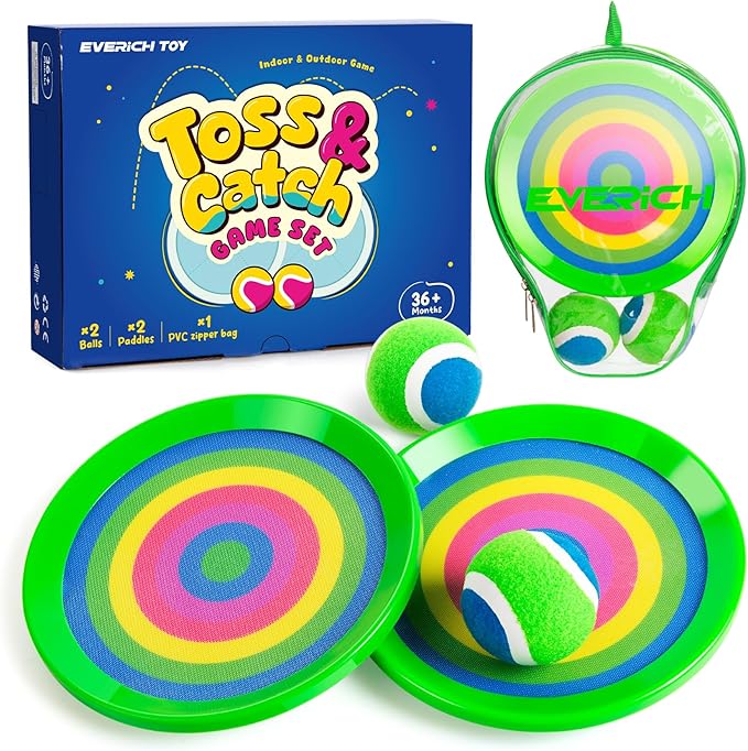 EVERICH Upgraded Toss and Catch Ball Game Set - Indoor and Outdoor Games for Kids 3-12, Beach Sand Pool Water Toy Includes 2 Paddles 2 Sticky Balls, Great Birthday Easter Gifts for Boys Girls