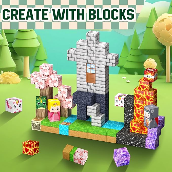 100PCS Magnetic Blocks - Magnet Cubes Toys Stacking, Build Mine Magnet World Magic Portal Set, STEM Montessori Stacking Toy for 3+ Year Old Boys&Girls (Forest and Castle)
