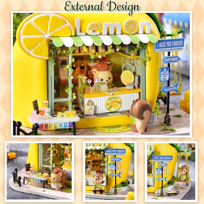 TuKIIE DIY Miniature House Kit with Furniture, 1:100 Scale Creative Room Mini Wooden Dollhouse Book Nook for Kids Teens Adults(Lemon Beverage Shop)