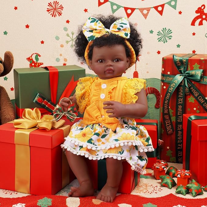 BABESIDE Reborn Baby Doll Clothes for 17-22 Inch Dolls – Yellow Sunflower Outfit with Headband – Soft Dress Up Baby Doll Accessories for Girls’ Pretend Play