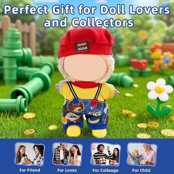 Clothes for Labubu 17cm Doll (NO Doll), 4 Piece Labubu Clothes Set, Cute Labubu Outfits with Accessories, Handmade Crochet La Bubu Doll Dress Up Set（Street Hip hop）
