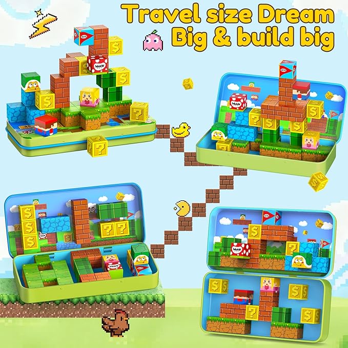 Magnetic Blocks Travel Toys for Kids Ages 4-8, 35 PCS Magnetic Cubes STEM Learning Set with Portable Iron Storage Box Construction Learning Toys for Toddlers Ages 3-5