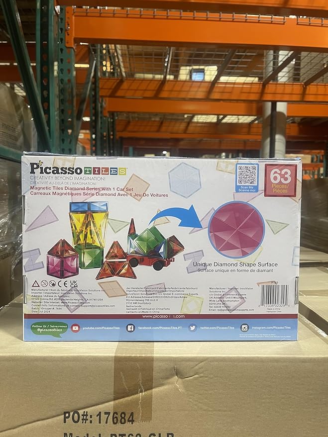 PicassoTiles 63 Piece Magnetic Building Block Construction Toy Set Diamond Magnet Tile Blocks with Car Truck STEM Learning Kit Early Education Builder Playset Toys for Children Toddler Boy Girl Age 3+