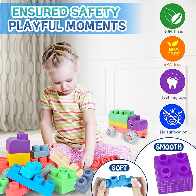 100PCS Baby Blocks Set with Storage Bucket, Building Block Toys STEM Educational Toddler Gifts, Rubber Soft Blocks for Preschool, Sensory Stacking Toys to Improve Creativity