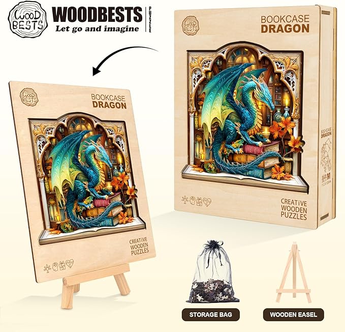 Wooden Puzzle for Adults-Bookcase Dragon Wooden Puzzle Unique Shape Advanced Animal Jigsaw Puzzle for Adults and Kids, Best Gift, Wood Puzzles, Challenge Wooden Jigsaw Puzzle (M-11.2 * 10.9in-200pcs)