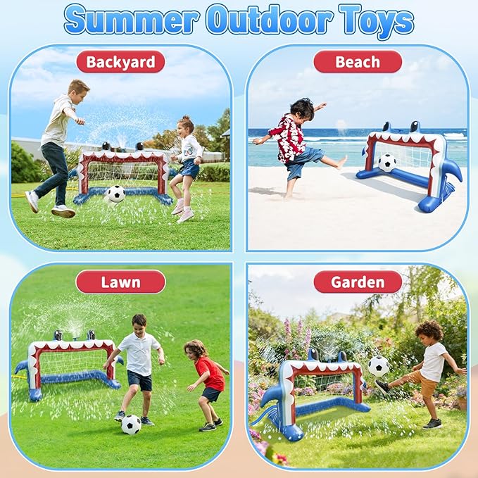 Water Sprinkler Soccer Toys, Inflatable Shark Soccer Goal Sprinkler with a Soccer Ball Backyard Outdoor Summer Toys for Boys Girls Outside Yard Water Football Game Toys for Kids Ages 3-8