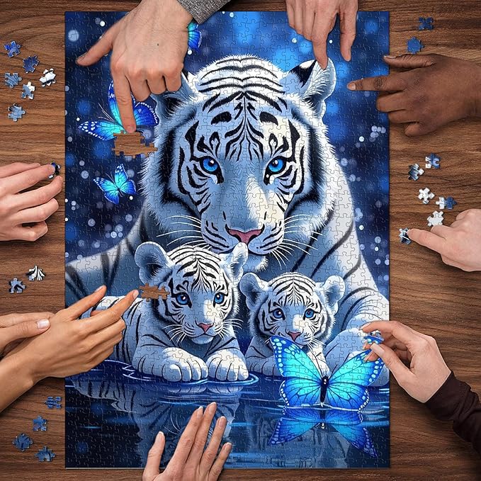 White Tiger Puzzles for Adults 1000 Pieces, Blue Butterfly Nature Jigsaw Puzzle, Challenging Wildlife Animal Art Puzzle, Beautiful Tiger Family Puzzle for Home Wall Decor