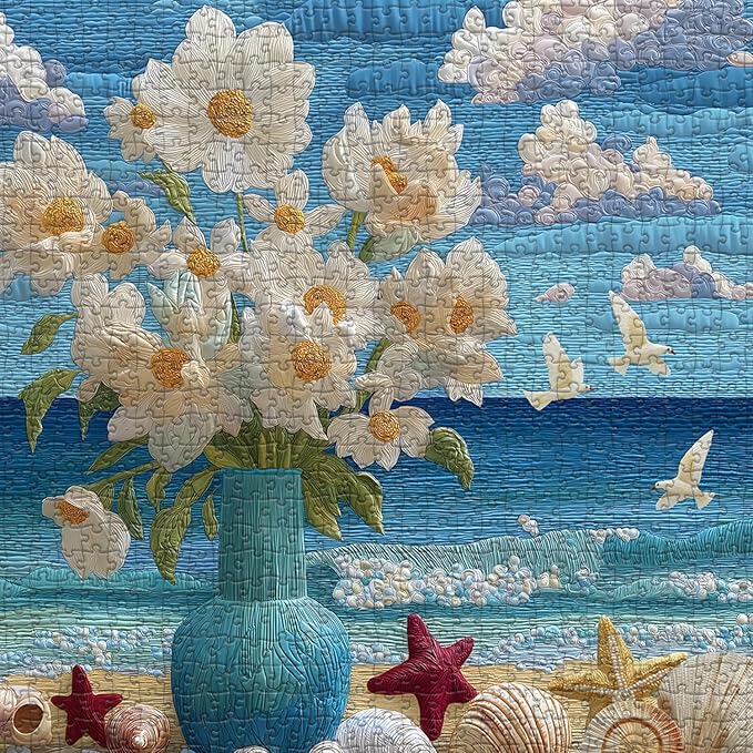 Beach Puzzles for Adults 1000 Piece, Flower Puzzles Ocean Seashells Bird, Floral Challenge Jigsaw Puzzle