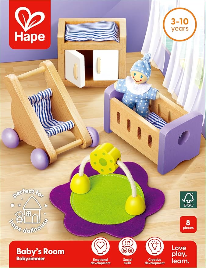 Hape Wooden Doll House Furniture Baby's Room Set with Baby| Pretend Playset for Kid’s Wooden Dollhouse