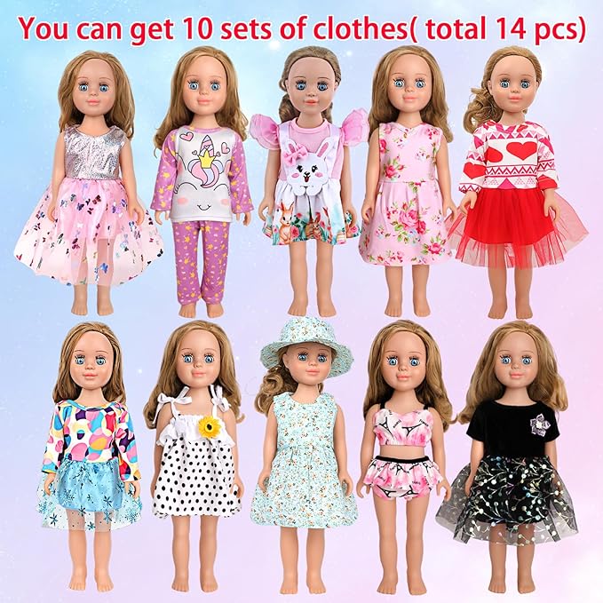 MSYO 10 Sets Doll Clothes for 17 - 18 Inch Dolls, Diverse Outfits (Floral, Polka Dot, Unicorn) & Accessories, Fashion Dress - Up Set for Girl Doll Play & Gifting (Best Gift for Kids)