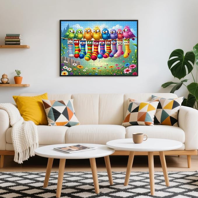 Funny Birds Puzzles for Adults 1000 Pieces, Cute Colorful Cartoon Bird on Clothesline & Socks Art Puzzle with Letters on Back, 28x20 Challenging Wall Decor, Family Game, Easter