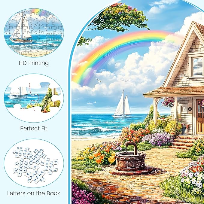 500 Piece Puzzles for Adults, Cozy Beach Cottage 500 Piece Puzzle, Vibrant Rainbow Sky Jigsaw Puzzle, Perfect for Family Game Night, Home Wall Decor, Ideal Gift for Adults, Kids, Seniors, 20.5 x 15 in