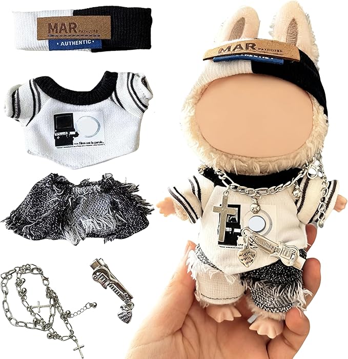 17cm Dolls Clothes, 5-Piece Set Fashion Dress Up Doll Outift Accessories with T Shirt, Pants, Headband, Necklace, Brooch for Dolls