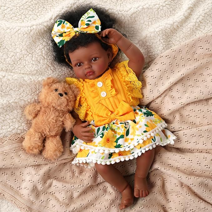 BABESIDE Reborn Baby Doll Clothes for 17-22 Inch Dolls – Yellow Sunflower Outfit with Headband – Soft Dress Up Baby Doll Accessories for Girls’ Pretend Play