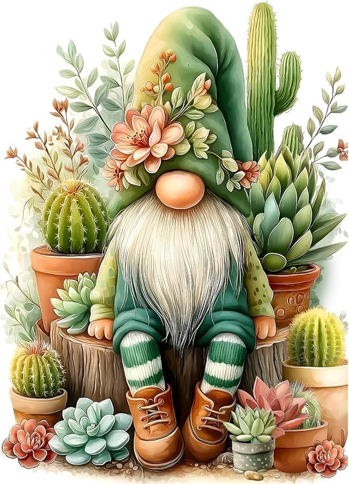 Cactus Gnome Puzzles for Adults 1000 Pieces Funny, Spring Succulent Plant Garden Cute Gnome Jigsaw Puzzles, Nature Flower Themed Challenging for Adults
