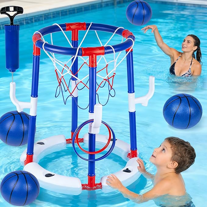 Taotuo Blue Floating Pool Basketball Hoop, 2-in-1 Basketball & Ring Toss Game with 4 Balls, 6 Rings&Pump, Summer Pool Toys Outdoor Water Fun Family Party for Age 3-12