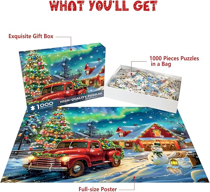Christmas Puzzles 1000 Pieces, Aurora Christmas Eve Puzzle, Northern Lights Puzzles for Adults 1000 Piece for Adults Teens Kids, Xmas Scene Challenging Puzzle Game Perfect Vacation Gift