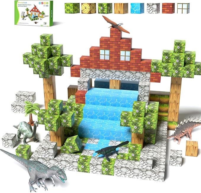 Magnetic Blocks 108PCS, Dinosaur Magnetic Building Blocks with 6 Dinosaur Figures, Magnetic Blocks for Kids Ages 3-5, 4-8, STEM Construction Toy