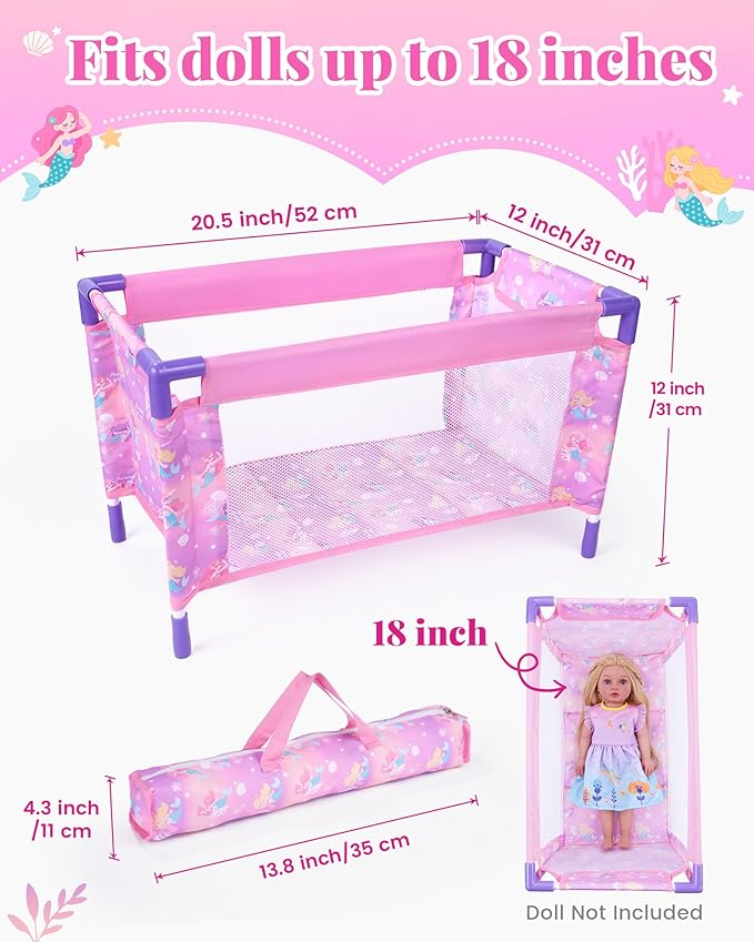 BABESIDE Baby Doll Crib Playset with Bedding & Accessories, Portable Baby Doll Crib for 18 Inch Dolls, Pretend Play Gift for Girls