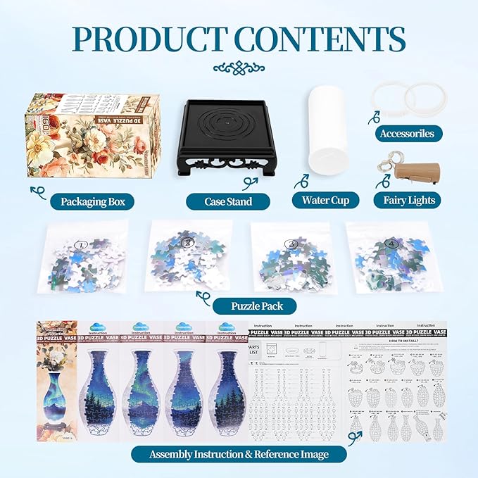 3D Puzzles Vase for Adults, Crafts for Adults, 160 Pieces Plastic DIY Unique Flower Vase with LED Light House Warming Gift Birthday Gifts for Flower Arrangements and Home Decor (Night Light)