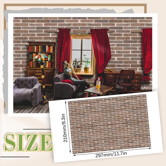 Flutesan 12 Pcs Miniature Dollhouse Wallpaper and Flooring Peel and Stick Mini DIY Self Adhesive Dollhouse Accessories 8.27 x 11.69 Inch (Gray Clinker)