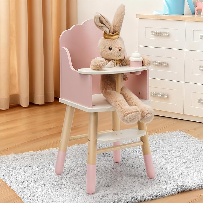 Pithfor Wooden Baby Doll High Chair, Doll Furniture, Fits Up to 18 inch Baby Dolls, 18 inch Doll Accessories - Pink
